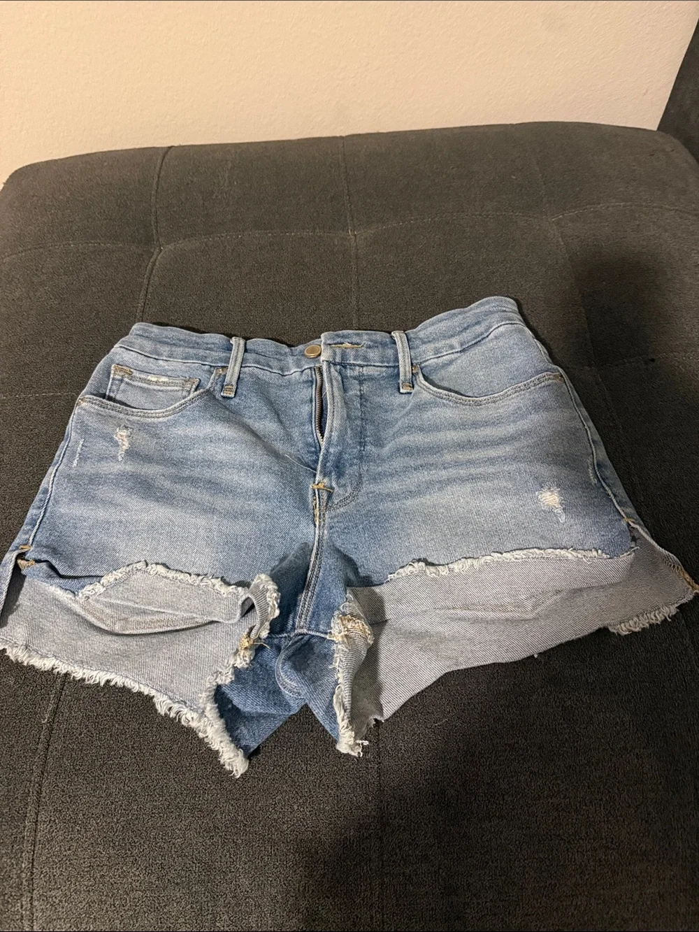 Good American Light Blue Distressed Denim Shorts